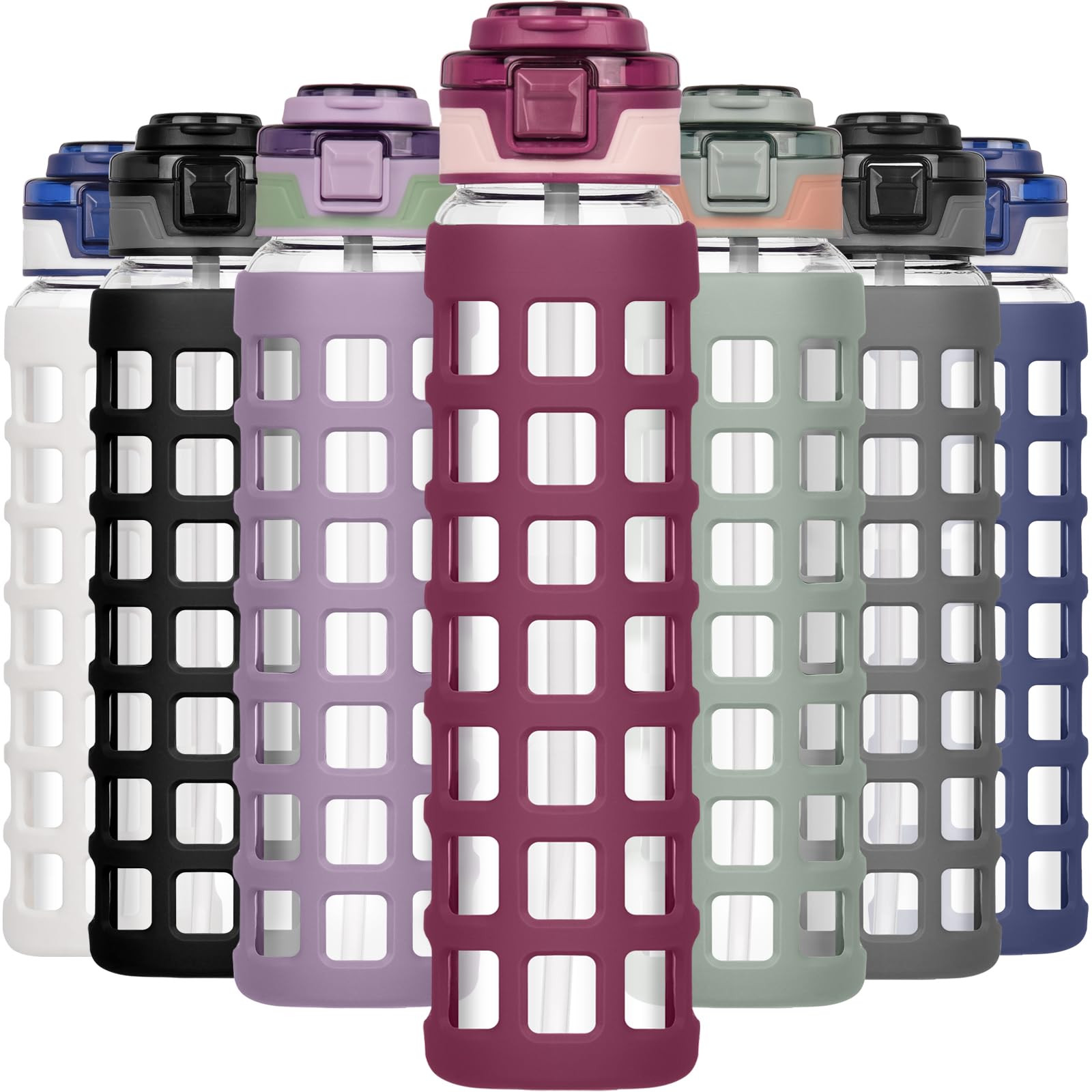 Ferexer Glass Water Bottle 1 litre / 660ml with Handle Straw Flip lids, leakproof, BPA free Water Bottle,Sustainable Borosilicate Glass, with Silicone Sleeve Sports Glass Drinking Bottle Red