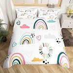 Girls Catoon Rainbow Bedding Set Pink Love Heart Bedding Duvet Cover Set Decor Cute Cloud Comforter Cover Set Kawaii Stripes Polka Dots Theme White Bedspread Cover Bedroom Quilt Cover 3Pcs Queen