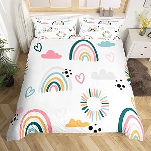 Girls Catoon Rainbow Bedding Set Pink Love Heart Bedding Duvet Cover Set Decor Cute Cloud Comforter Cover Set Kawaii Stripes Polka Dots Theme White Bedspread Cover Bedroom Quilt Cover 3Pcs Queen