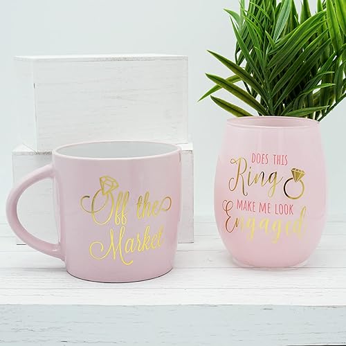 Miniatura 5 de Juego de regalo de copa de vino y taza de café de cerámica sin tallo, para novia, fuera del mercado, "Does This Ring Make Me Look Engaged", copa de