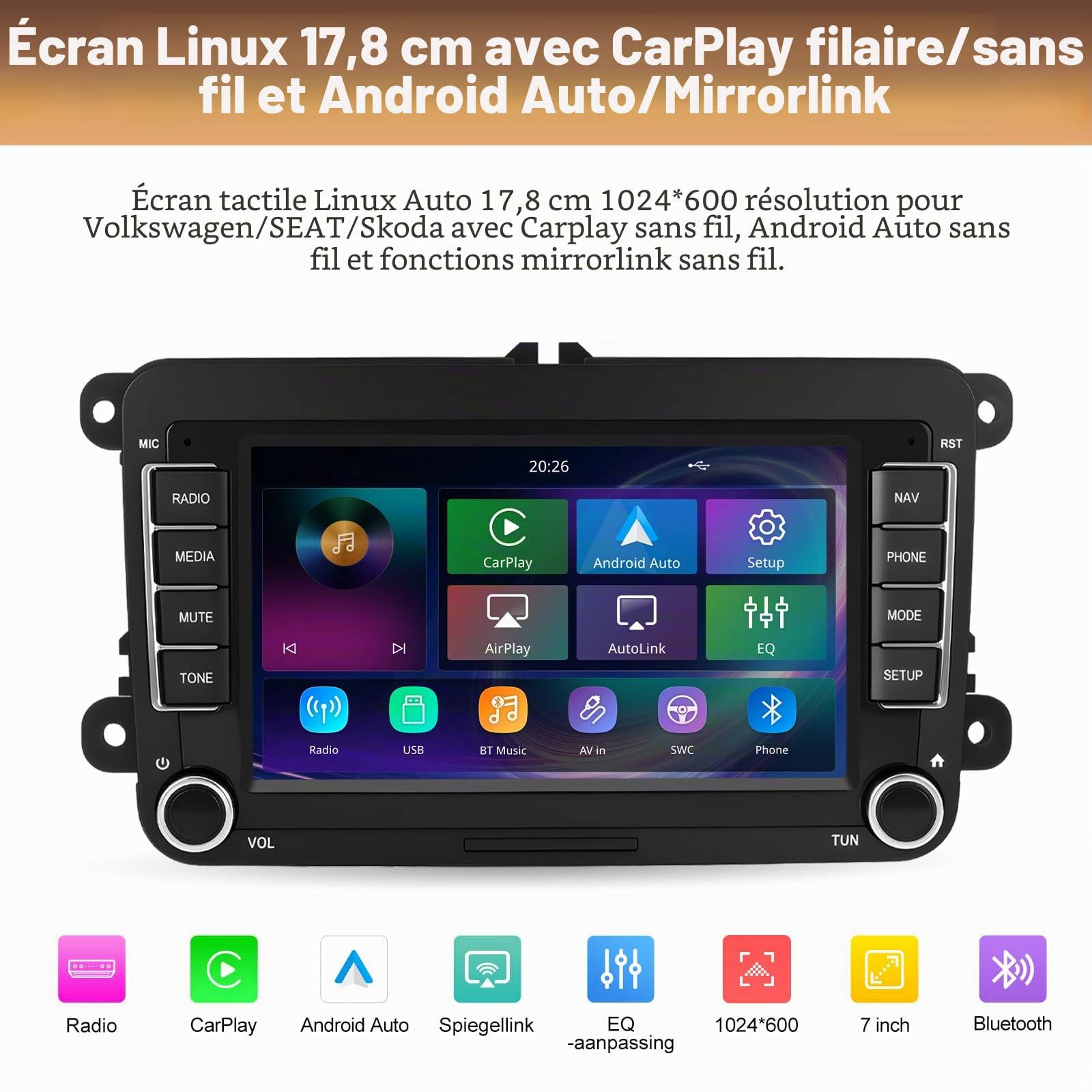 Autoradio avec écran Tactile 7 Pouces pour Volkswagen Seat Golf Passat Jetta Beetle Tiguan Touran EOS Skoda Seat Double Din Radio Bluetooth avec CarPlay sans Fil Android Auto