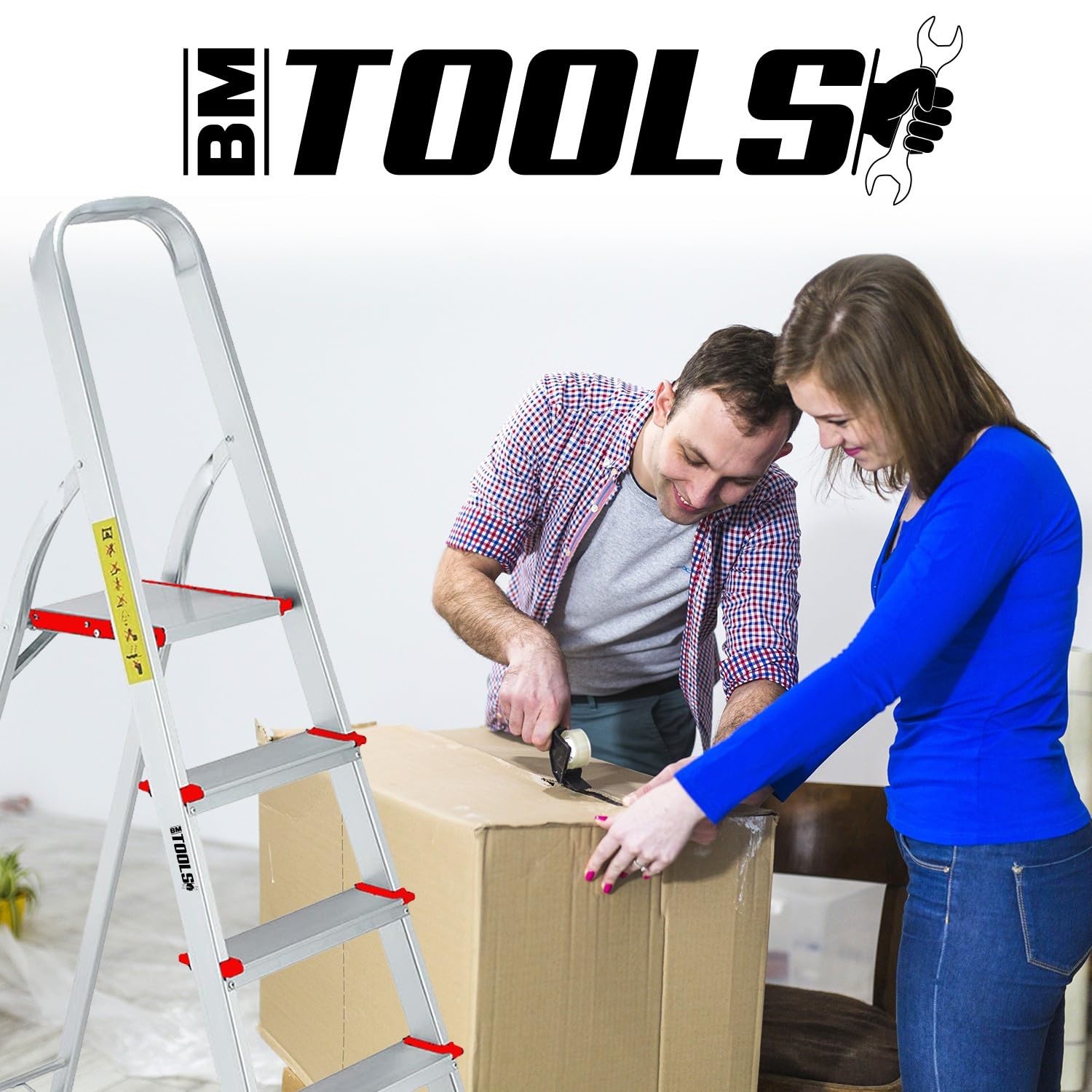 Escabeau à 5 marches BM TOOLS BMT-ESC5-ALU - Haut. de Travail : 99 cm - Prend Peu de Place et se Range Facilement - en Aluminium