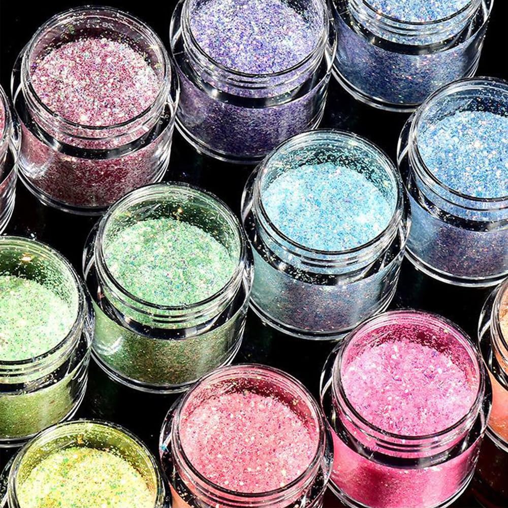 12 Farben Fluoreszierende Glitzer-Pailletten, Hex-Glitzer-Set für Gesicht und Körper, Glitzer-Accessoires für Nägel, Haare, Körper, Glitzer-Augen, Lippen, Körper, DIY-Basteln