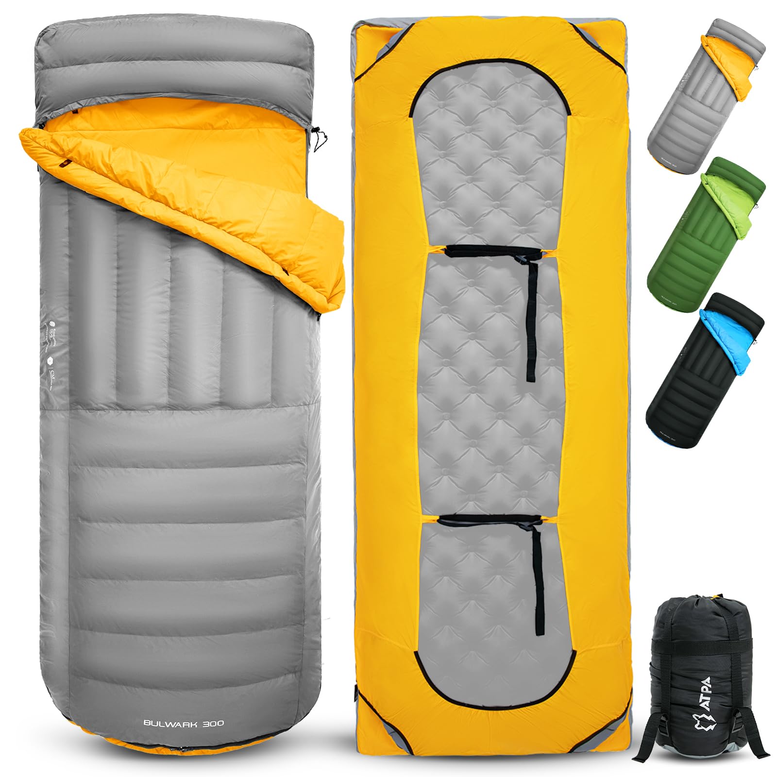 ATEPA Saco de Dormir de plumón para mochilero, Ultraligero, 650 FP, -6.7 °C/-1.1 °C 4 Estaciones, Saco de Dormir de 2 Piezas, Material reciclable con Saco de compresión, como Manta, Color Gris