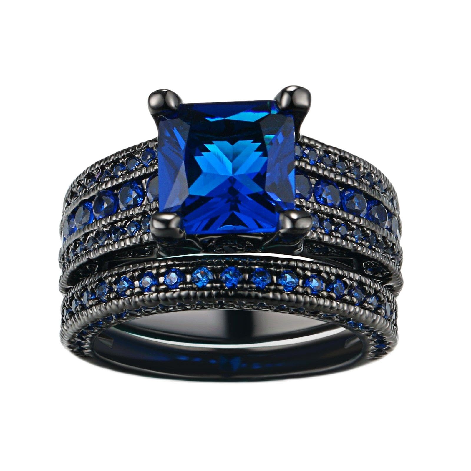 Womens Jewelry Black Gold Plated Princess Cut Blue Or Green Cz 2pcs Wedding Engagement Ring Bridal Sets