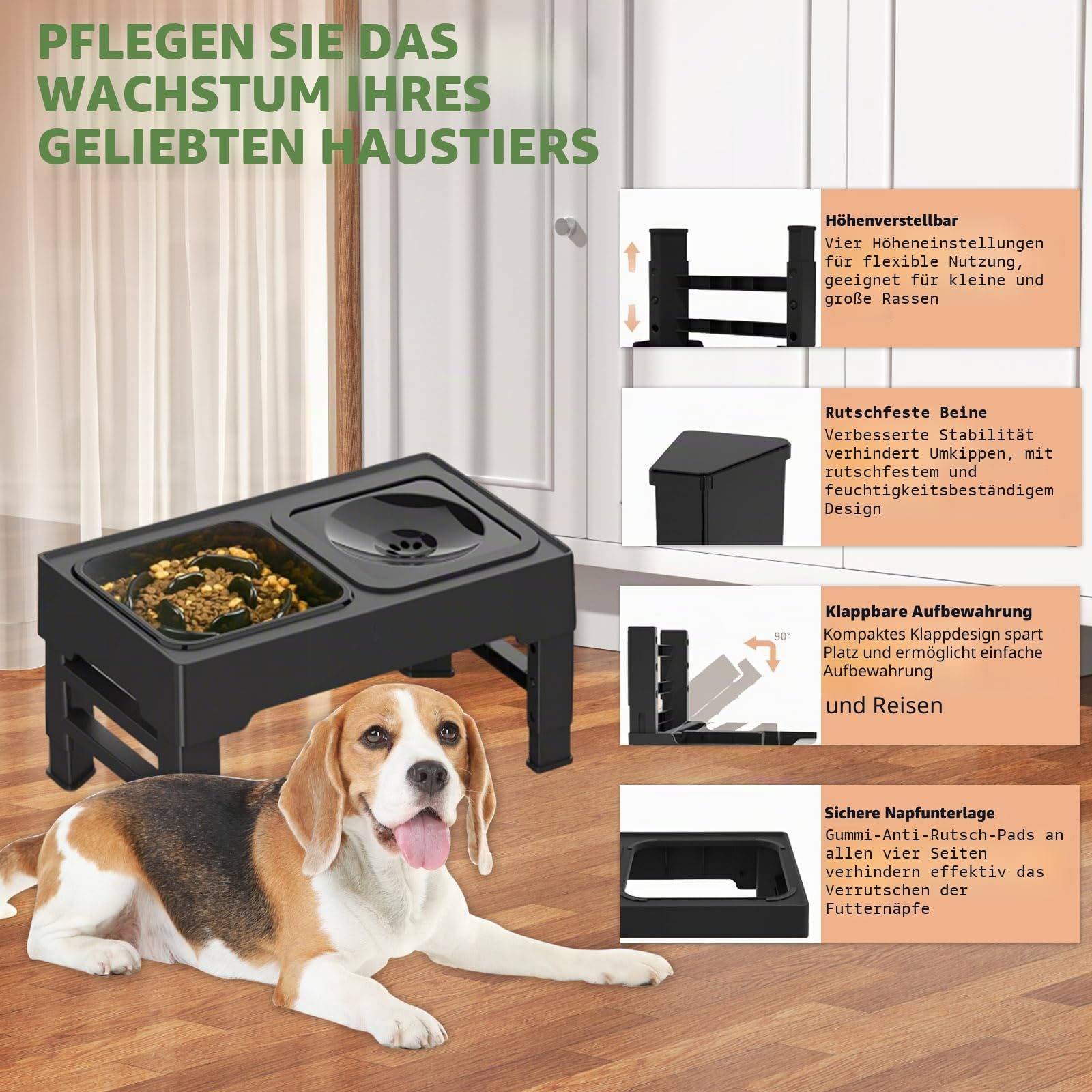 Erhöhter Fressnapf für Hunde mit 4 Verstellbaren Höhen, 1x1600ml Edelstahl Futternapf, Anti-Choking Wasserbehälter und Slow Feed Behälter für Kleine, Mittelgroße und Große Hunde
