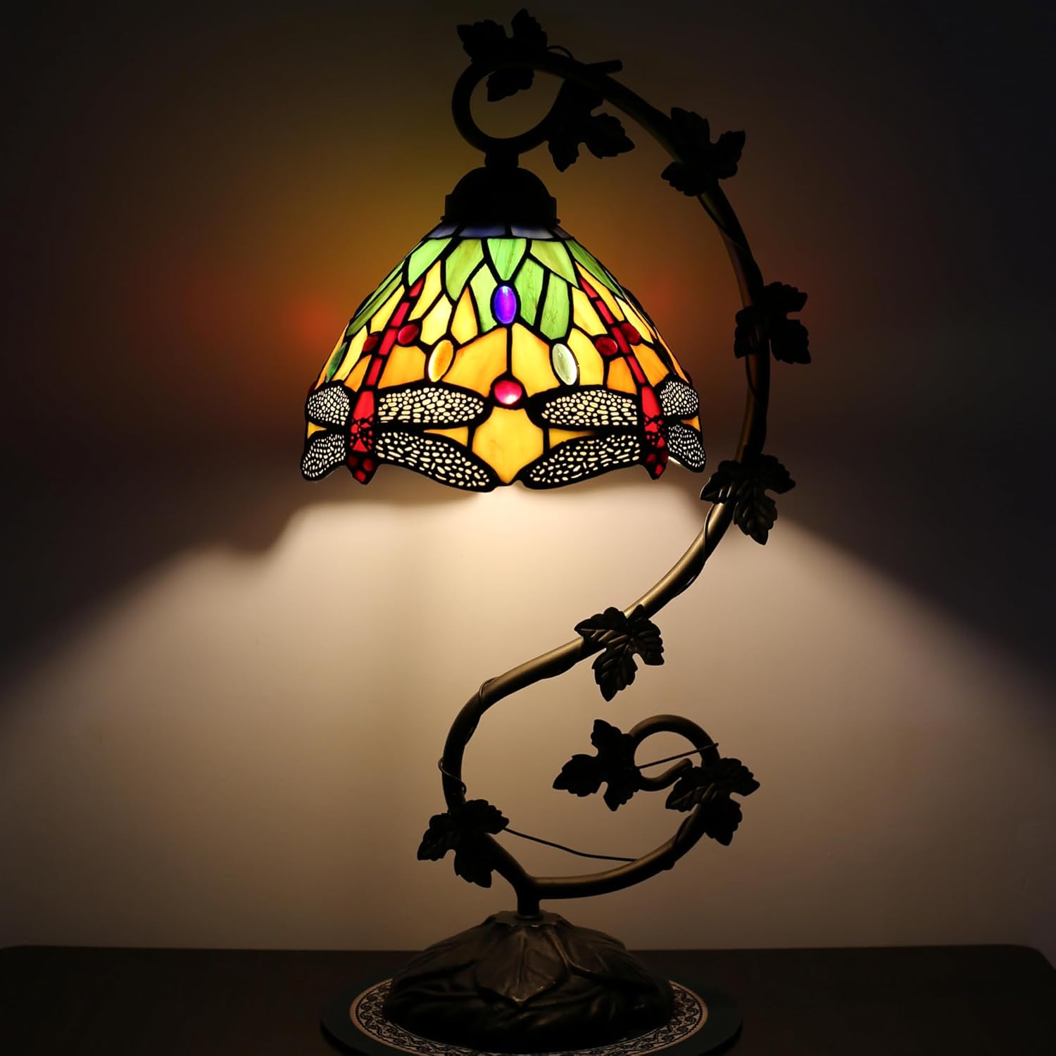 Tiffany Table Lamp Stained Glass Small Lamp 8 x 10 x 21 Inches Metal Leaf Base Bedroom Living Room Study Desk Reading Light (Yellow Dragonfly Style)
