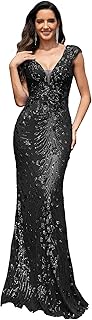 Womens Sequined Long Evening Gown Glamous Sleeveless V-Neck Mermaid Prom Dress for Wedding Party Club Occasions