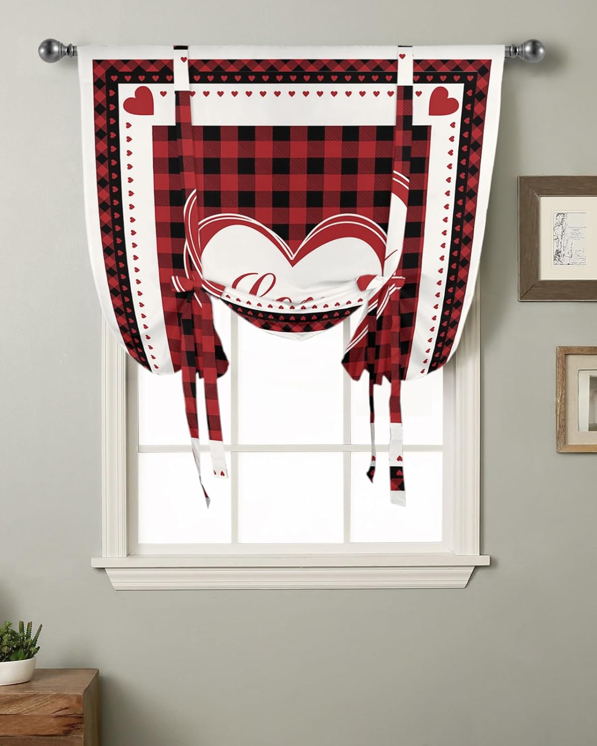 Tie Up Curtains for Kitchen Windows, Happy Valentine's Day Love Adjustable Balloon Shade Curtain Panel Rod Pocket Drapes for Small Window Decor 42" Wx63L, Sweet Hearts Buffalo Plaid Check