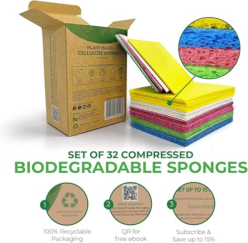 Miniatura 2 de AIRNEX Esponjas comprimidas de celulosa biodegradables paquete de 32 esponjas de cocina para limpieza esponjas de limpieza multiusos resistentes y