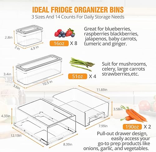 Miniatura 2 de Organizadores y almacenamiento para refrigerador, paquete de 14 cubos organizadores transparentes para refrigerador con tapas y cajones extraíbles,
