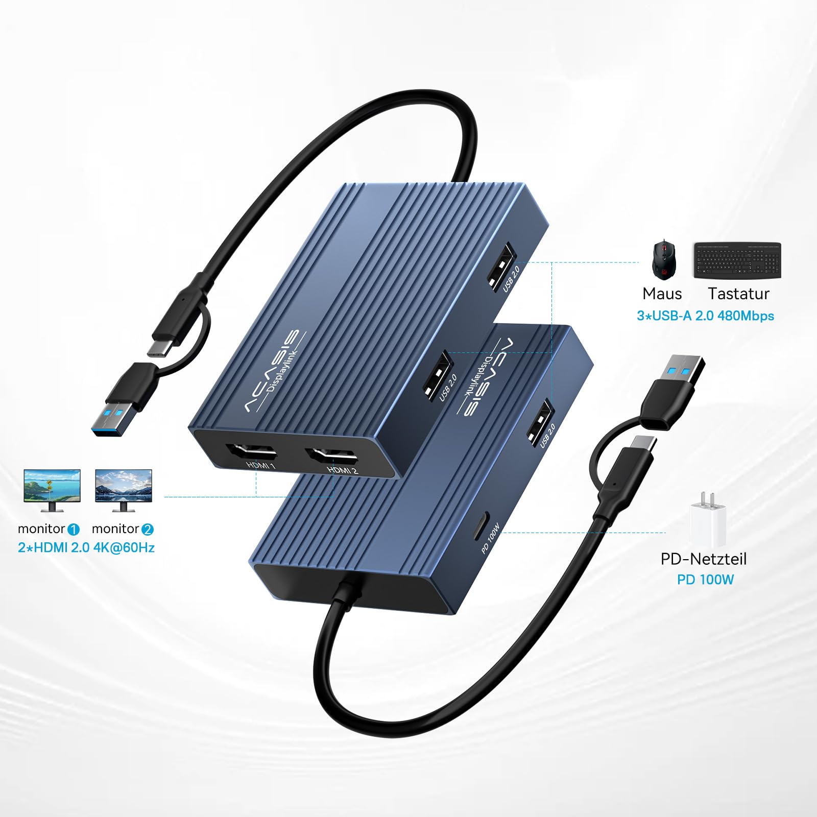 ACASIS DS0602 DisplayLink Docking Station-USB C auf Dual HDMI DisplayLink Adapter, 4K@60Hz, 2 HDMI, 100W PD, USB-A/C-auf-Dual-Monitor-Adapter für Mac mini M4/M1/M2/M3/Neo (Blau)