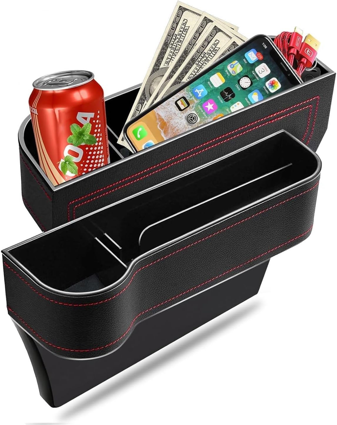 Car Seat Gap Filler Organizer Multifunctional Leather PU Console Side Storage Box with Cup Holders, Hooks for Drinks, and Phone Holder Auto Front Seat Catch Caddy/Card Mobile Holder_1pcs