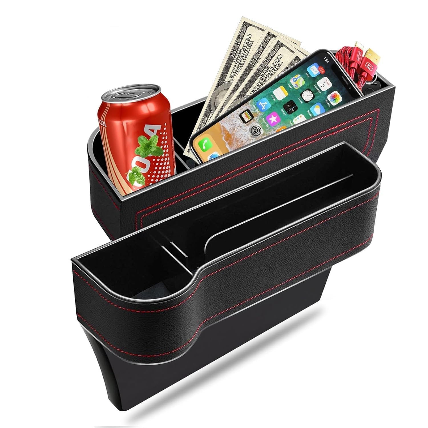 Car Seat Gap Filler Organizer Multifunctional Leather PU Console Side Storage Box with Cup Holders, Hooks for Drinks, and Phone Holder Auto Front Seat Catch Caddy/Card Mobile Holder_1pcs