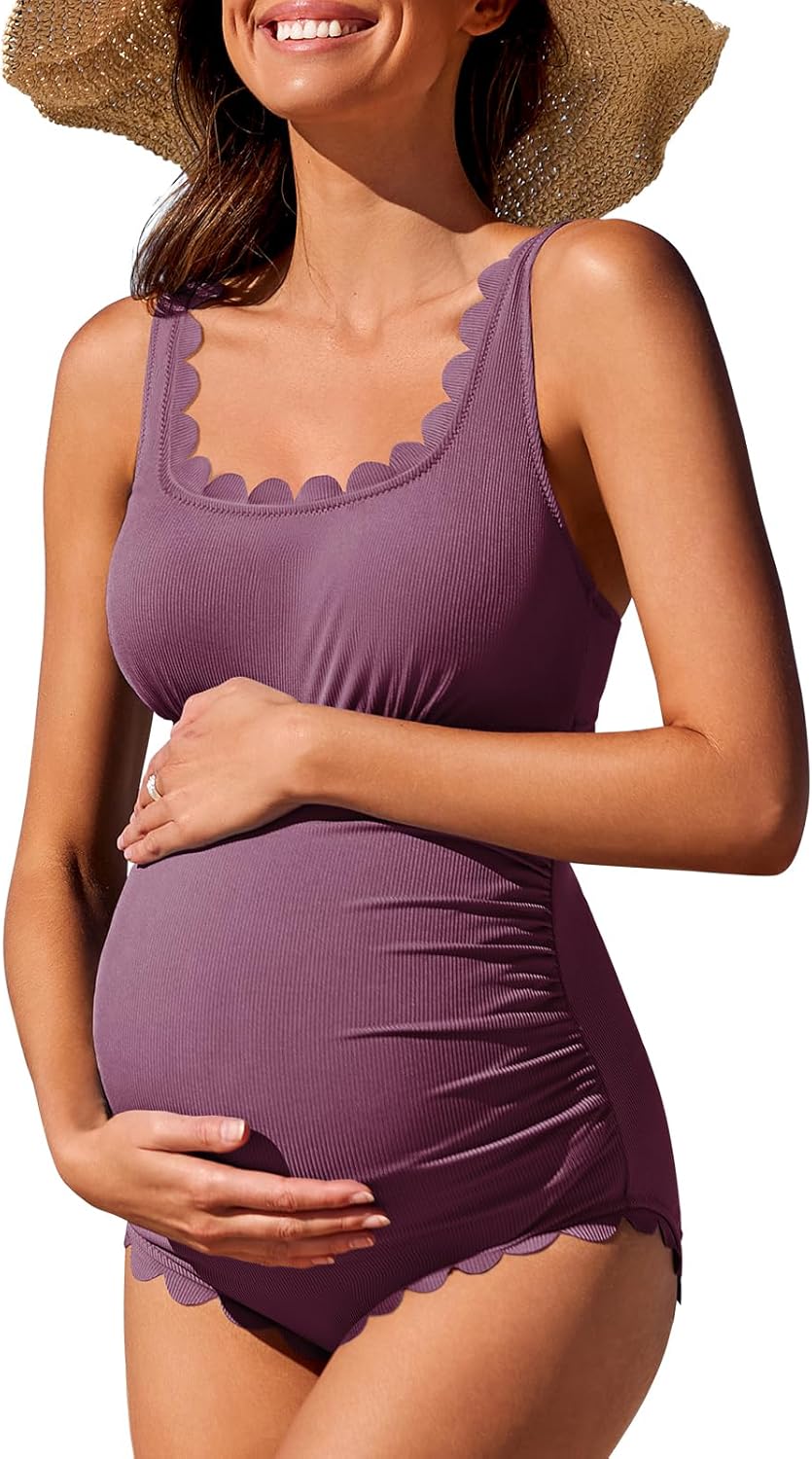 Summer Mae Ribbed Maternity One Piece Swimsuit Scalloped Cut Out Pregnancy Bathing Suit Square Neck