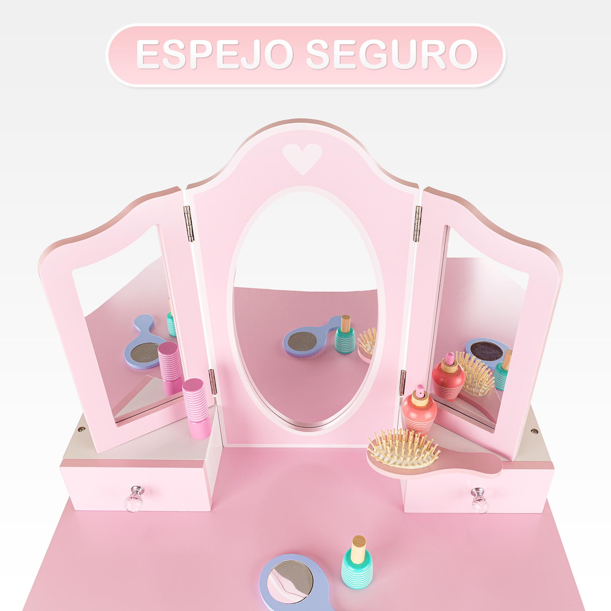 Green series Tocador Infantil de Madera con Espejo y Accesorios - Mesa Maquillaje Niña con Cajones - Juguete Educativo para Niñas 3 y 6 Años - Tocador Rosa GS3300