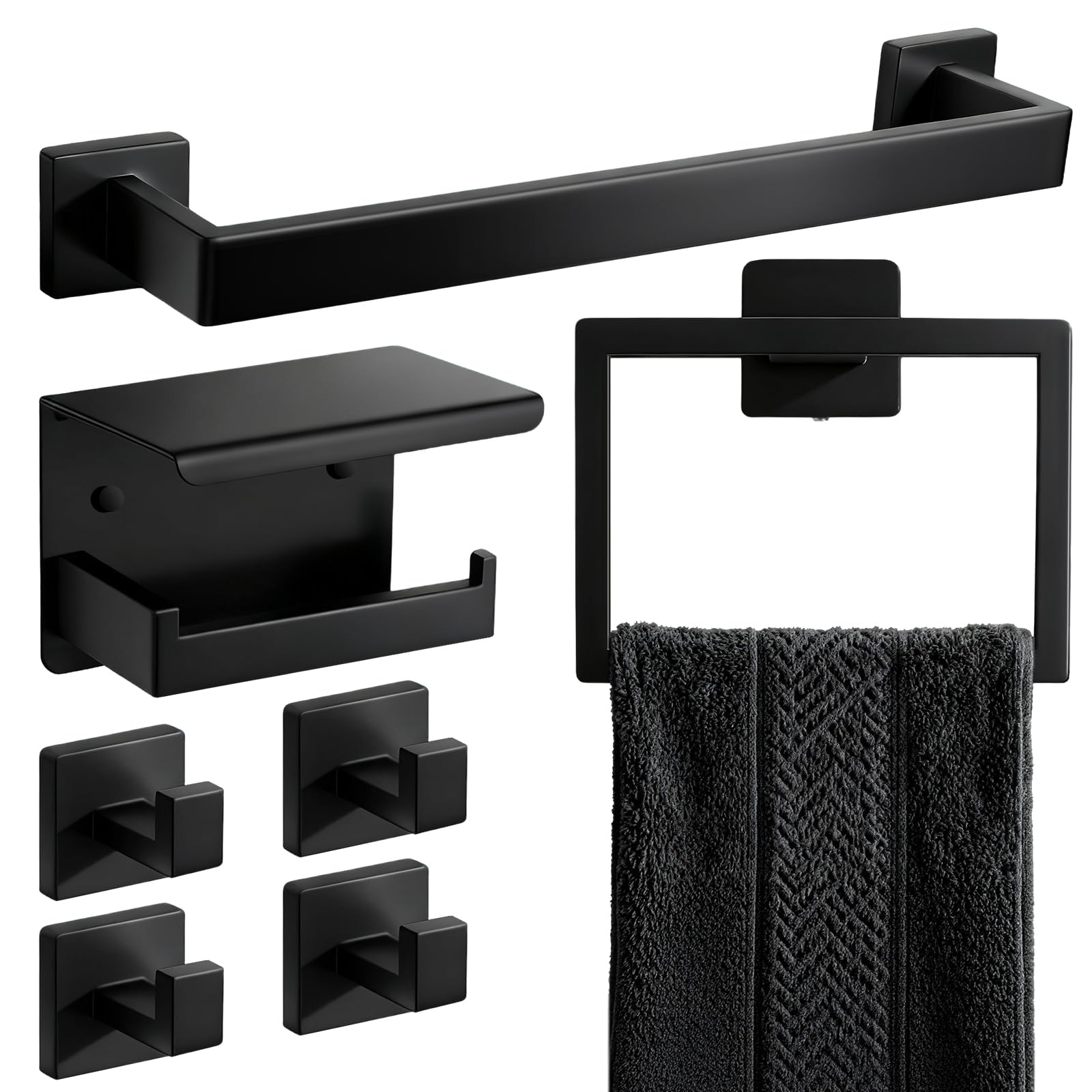 7-Piece Matte Black Bathroom Accessories Hardware Set, Stainless Steel 16" Towel Bar, Towel Ring, Toilet Paper Holder with Shelf, 4 Towel Hooks, Wall Mounted for Bathroom, Kitchen, Hotel
