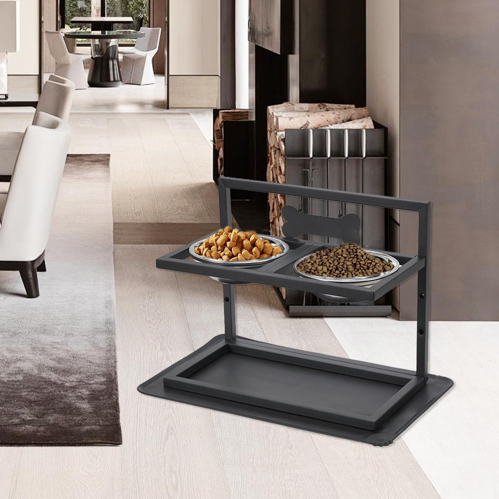 Comedero Elevado para Perros con 2 Cuencos De Acero Inoxidable Tapete Antifugas Altura Ajustable En 3 Niveles Color Negro 42 X 32 X 20,5 Cm