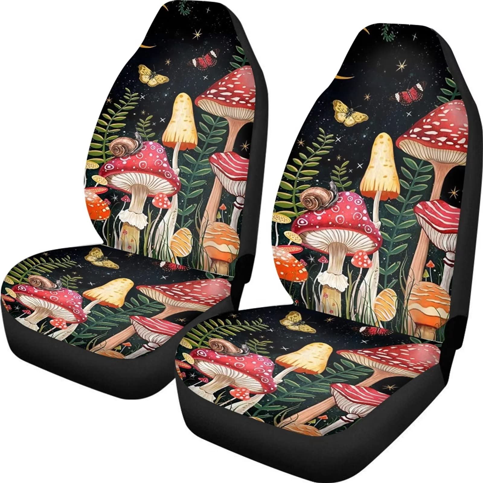 INSTANTARTS Cartoon Mushroom Snails Car Seat Covers Front Seats Only 2 Pieces Colorful Beauty Butterfly Print Driver Seat Cover High Back Elastic Bucket Seat Cover