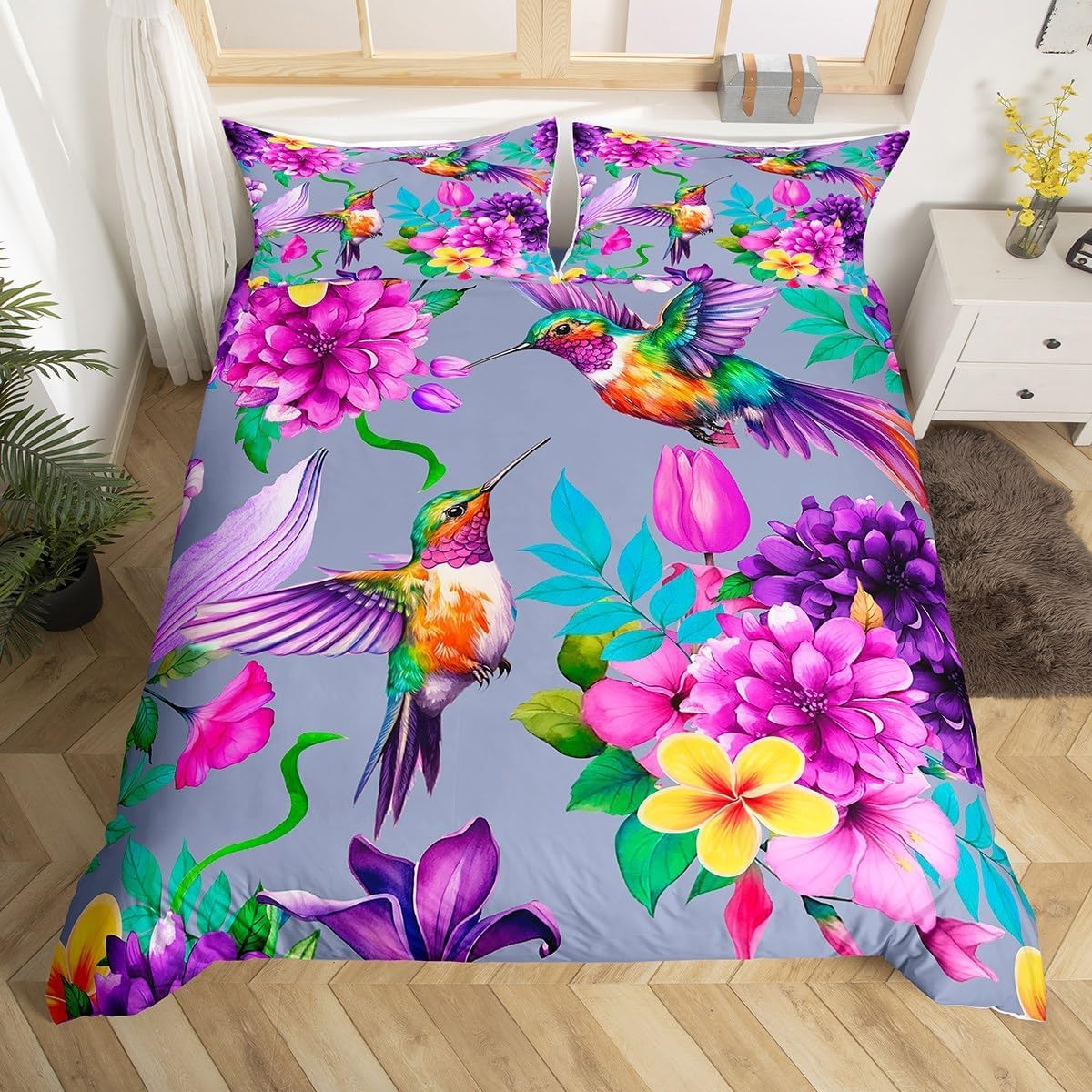 Homemissing King Hummingbird Duvet Cover tropical bird Bedding Set children's hummingbird spring plant flower gorgeous gray Comforter Cover Set farm garden bedroom decoration - Image 2