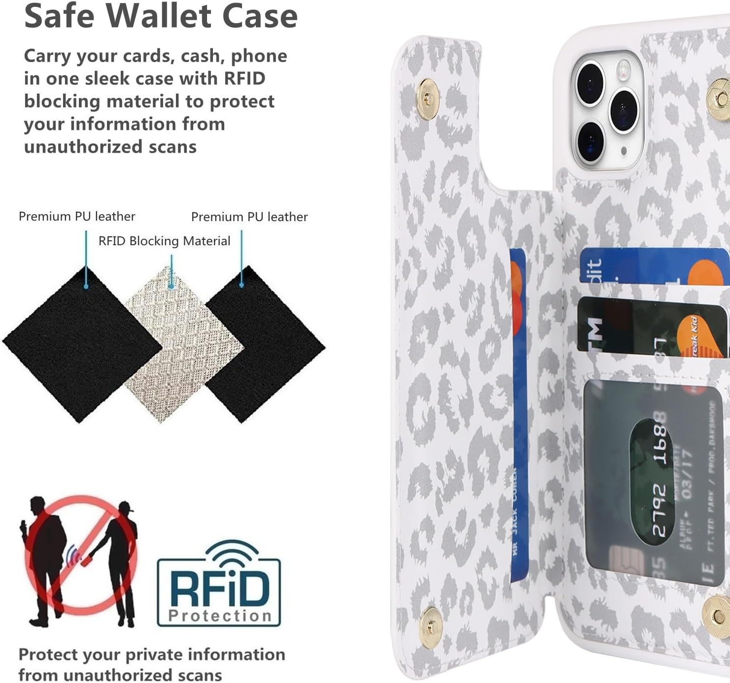 iCoverCase Compatible with iPhone 11 Pro Max Phone Case with Card Holder, Wallet Case for Women Men RFID Blocking PU Leather Protective Case 6.5 Inch (Gray Leopard) - Image 4