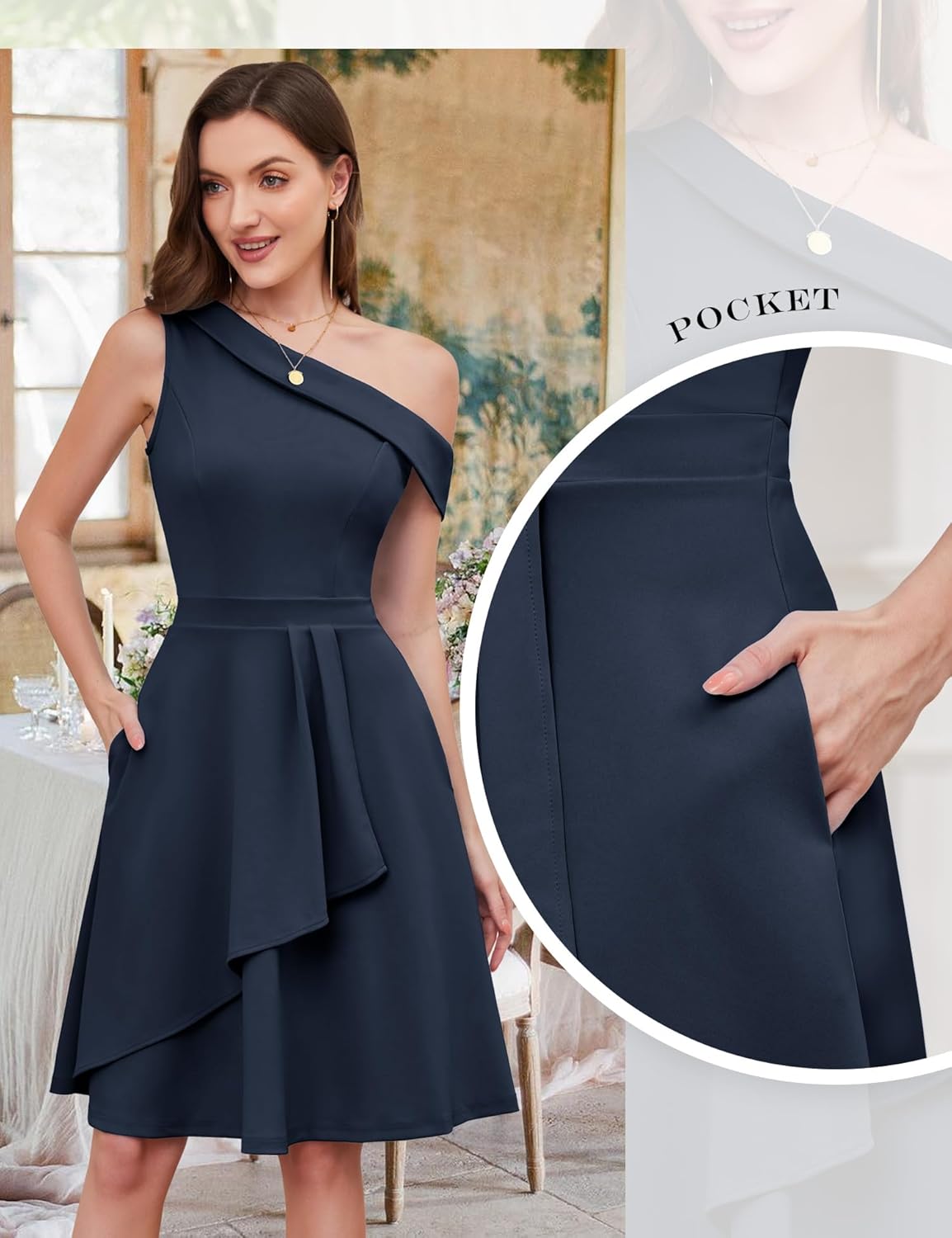 Dressystar Women One Shoulder Ruffle Wedding Guest Dress Spring A Line Wrap Knee Length Cocktail Formal Dresses with Pockets - Image 3