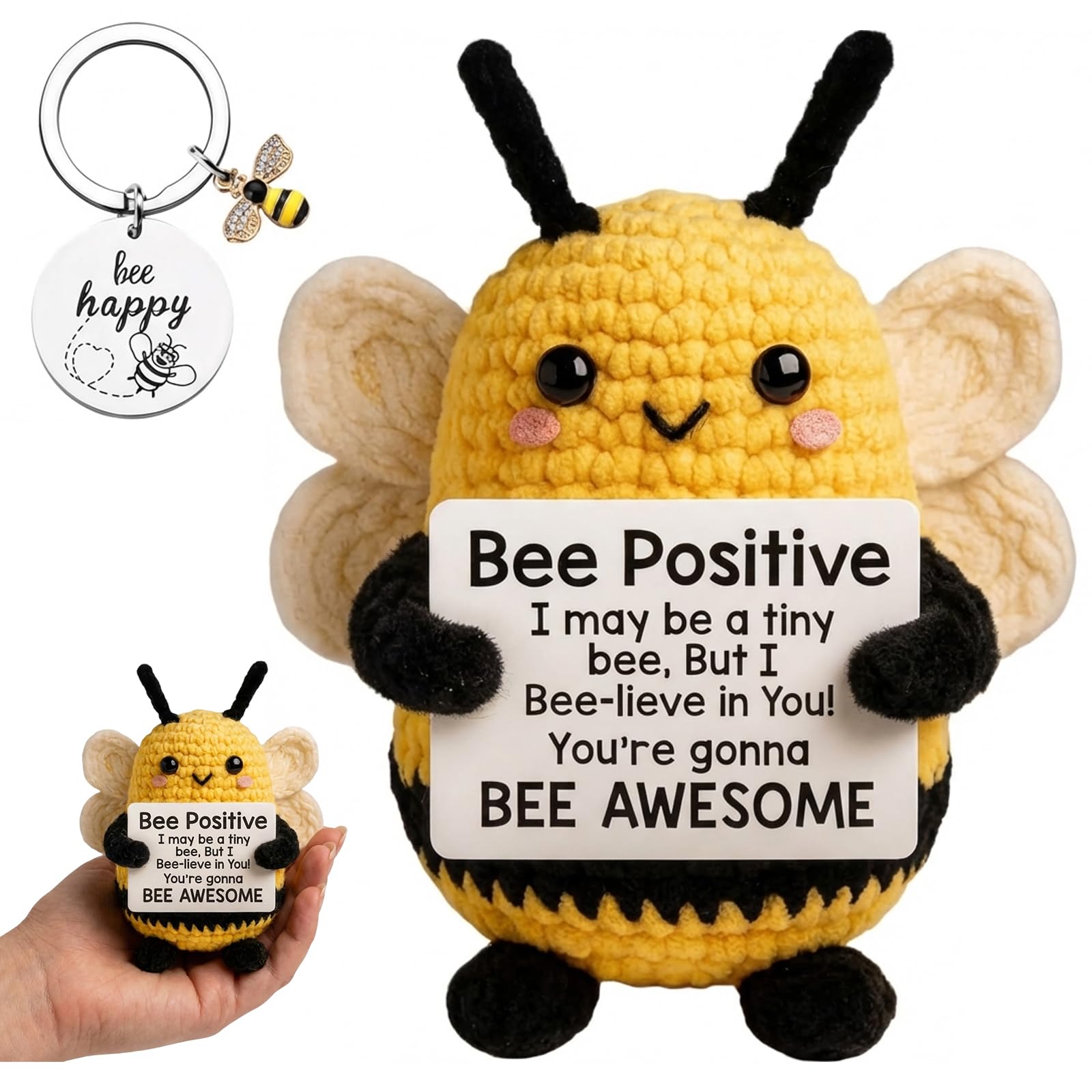 2PCS Bee Gifts for Women, Emotional Support Gift,Positive Crochet Animals, Bee Toy,Crochet Animal With Positive Card And Bees Keychains,Good Luck Gifts For Women And Colleagues Birthday Party