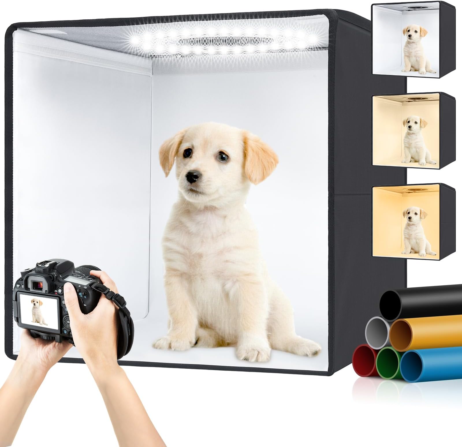 Portable Light Box & Soft Box, 16"x16" Professional Shooting Tent with 120 LED Lights Photo Studio Light Box Photography with 6 Color PVC Backdrops for Jewelry and Product Photography
