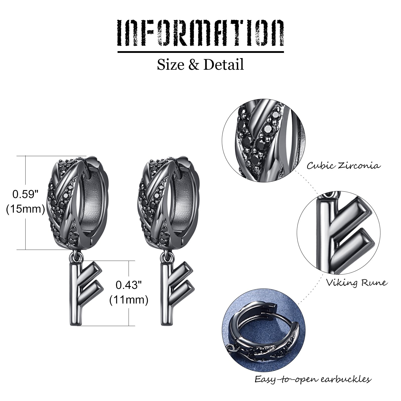 KINGWHYTE Huggie Drop Earrings 925 Sterling Silver Viking Rune Earring Birthday Jewellery Gifts for Women Men