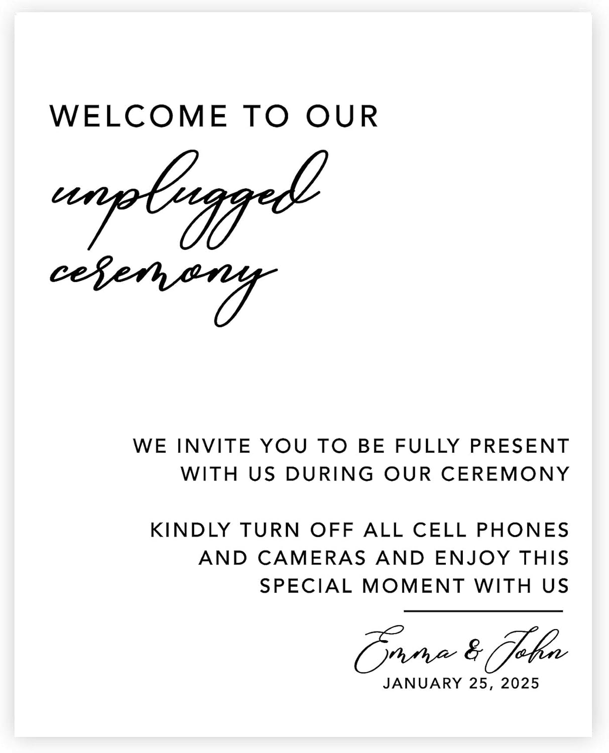 Andaz Press Modern Custom Unplugged Ceremony Large Wedding Canvas Guestbook Alternative, 16 x 20 Inches, Custom Welcome to Our Unplugged Ceremony, Vertical, Custom Personalized Wedding Sign