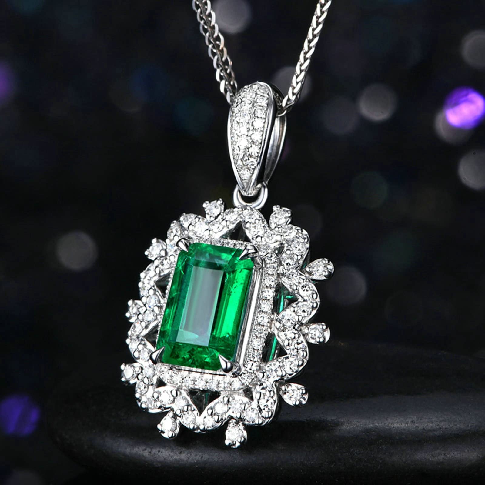 AMDXD Collar de mujer de flores huecas con colgante de oro blanco 750 con esmeralda de 1,45 quilates y cadena de diamantes de oro para mujer y plata, regalo para madre e hija