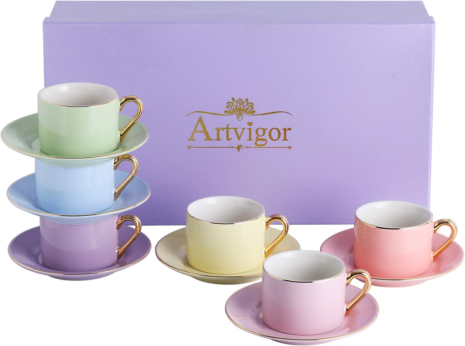 Straight Shaped Porcelain 220cc with Durable Gold Plated Rims and Handles for Specialty Coffee Drinks, 6-Piece Mixed Color Cup Set