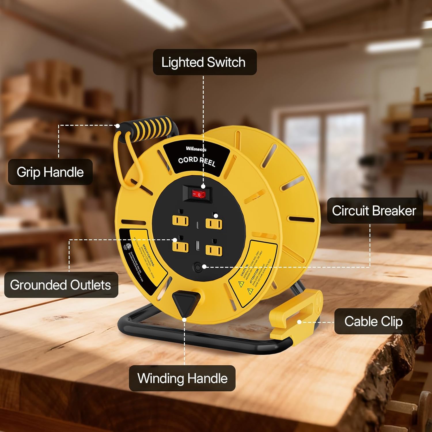 Extension Cord Storage Reel with 4-Grounded Outlet & 2 USB Port, 15A Circuit Breaker, Heavy Duty Open Cord Reel for 12/3,14/3 Gauge Power Cord, Hand Wind Retractable,ETL Listed Yellow Y85CR06