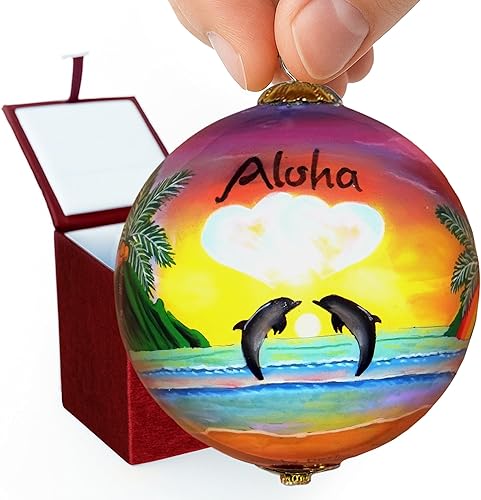Miniatura 10 de Adorno coleccionable de cristal hawaiano pintado a mano tortugas marinas en la puesta del sol con caja de regalo pintado a mano tortugas marinas