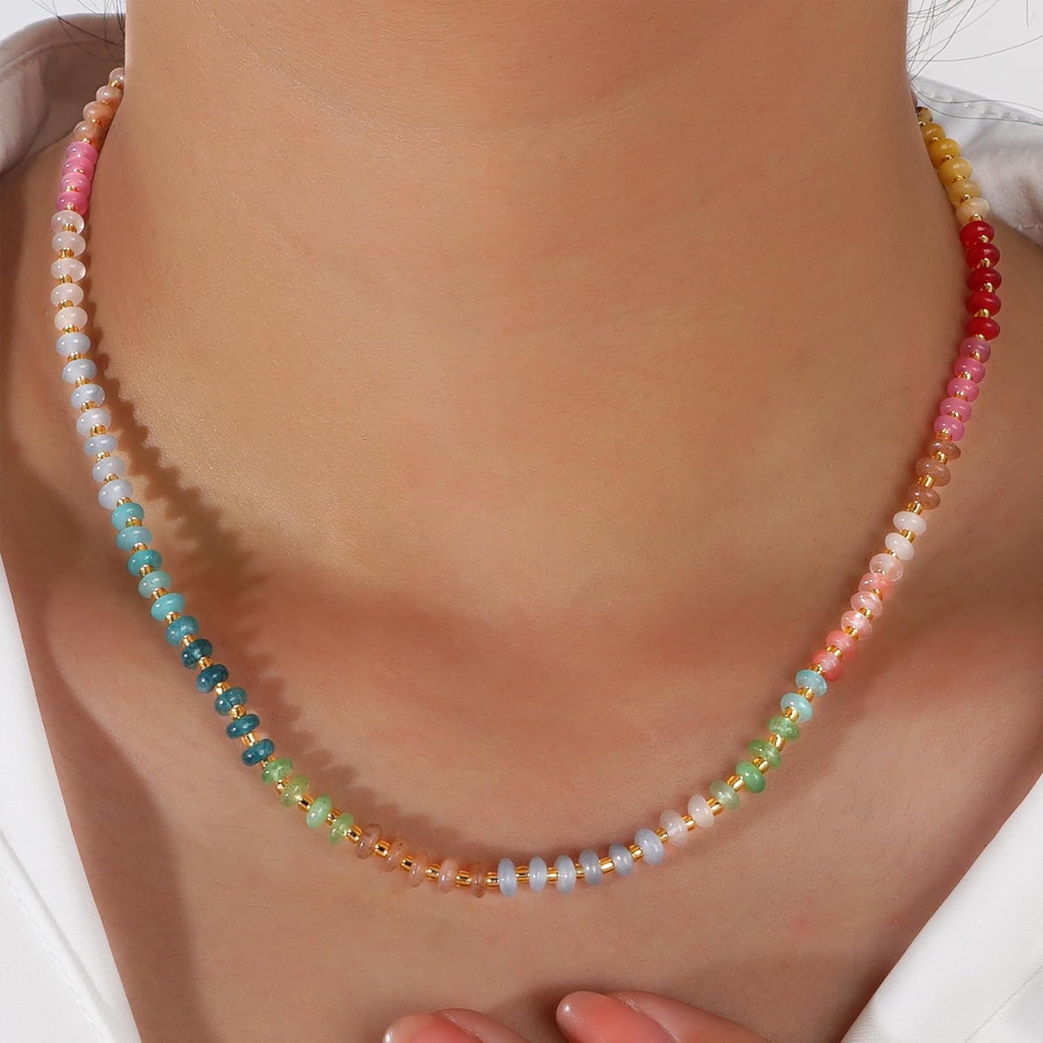 Natural Stone Beaded Long Choker Necklaces for Women – Dainty Boho Handmade Healing Stone Turquoise Malachite Crystal Gemstone Gold Bead Statement Chain Beach Accessories Prom Jewelry Gifts - Image 3