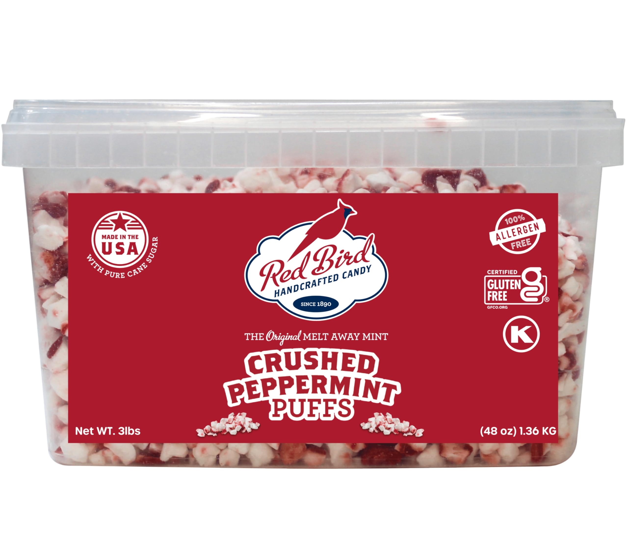 Red Bird Crushed Peppermint Puffs, No High-Fructose Corn Syrup, Soft Crushed Peppermint Candy Topping for Baking, Ice Cream & Drinks, 3 lb Tub