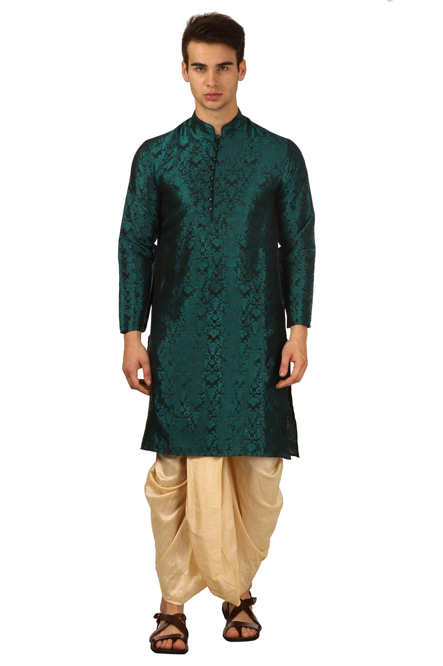 royal kurta Men's Regular Fit Silk Blend Dhoti Kurta Set (Green)-picture-32