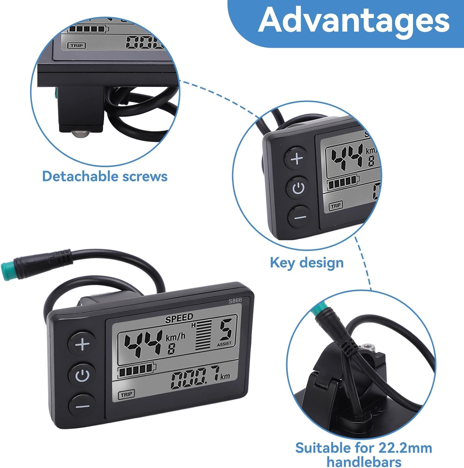 Écran LCD S866 Pour Vélo électrique - Grand écran étanche - Compatible Guidon 22,2 Mm (0,9 Pouce)