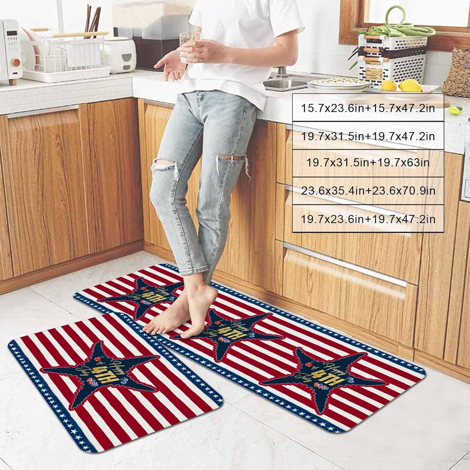 Prime Leader Gold Happy of 4th July Kitchen Mat Set 2 Pieces Rustic Red Blue Star Stripes Non Slip Kitchen Rugs Washable Runner Rug Mats for Sink Laundry (19.7" x 31.5"+19.7" x 63")