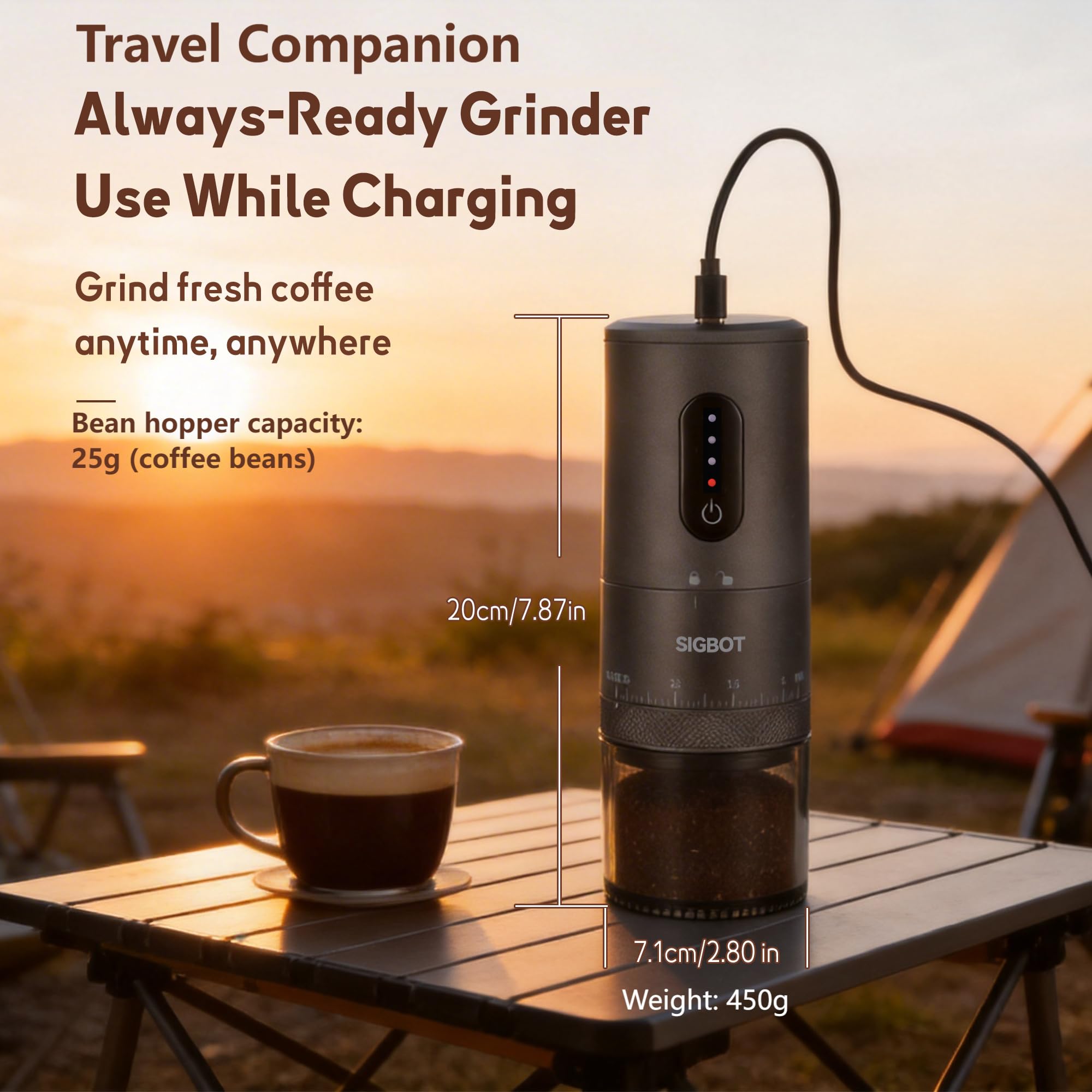 Sigbot Macina Caffè Ceramica - Macina Caffè Conico Ceramica 38 Impostazioni di Macinatura Batteria da 2000 mAh con Cavo di Ricarica Type-C Ideale per Viaggi Campeggio Ufficio e Casa