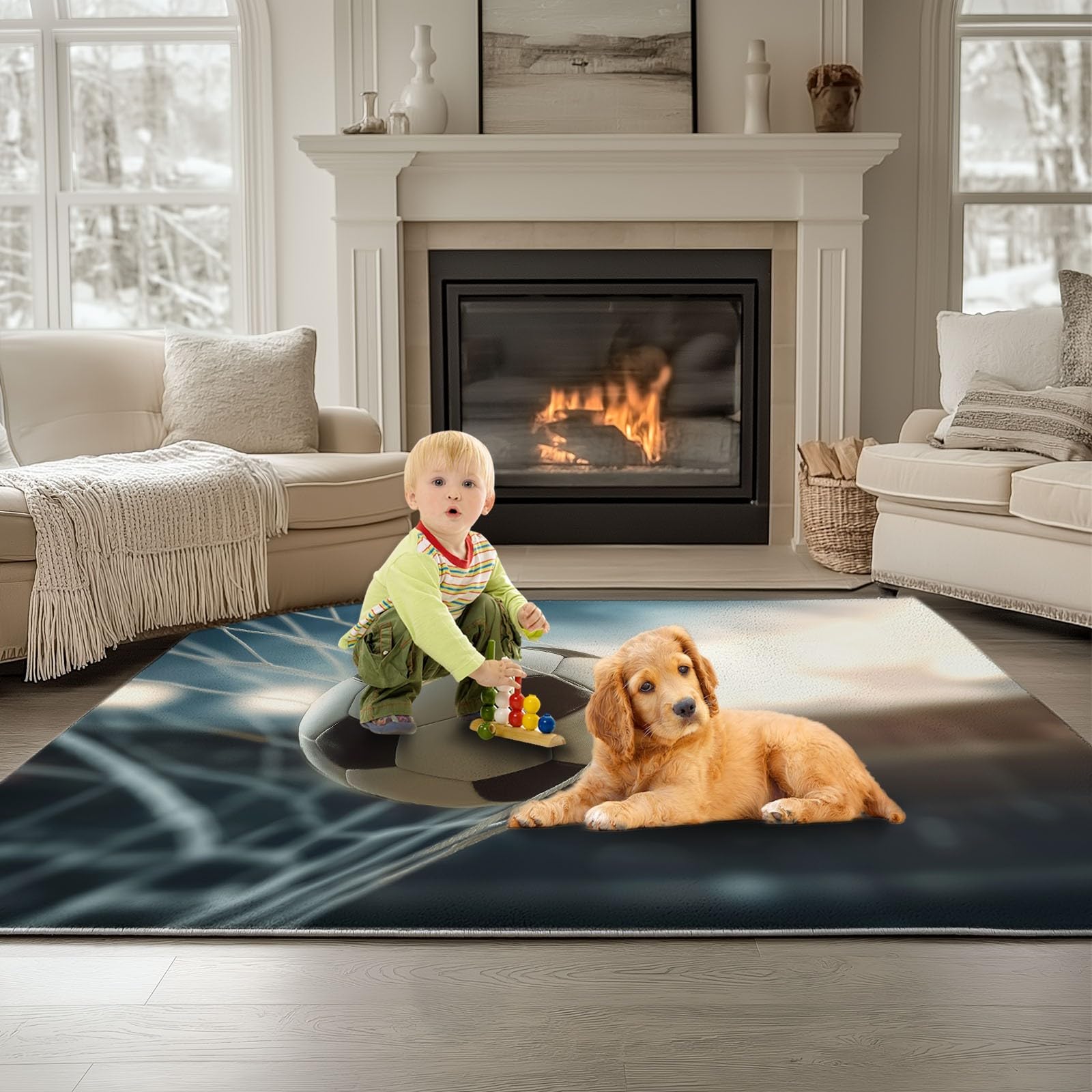Generisch Sportthema Stadion Fußball Teppiche, Weicher Flanell Kurzflor Teppich - Waschbarer rutschfeste Blau Teppiche Pflegeleicht Strapazierfähig für Schlafzimmer Kinderzimmer 140 x 200 cm