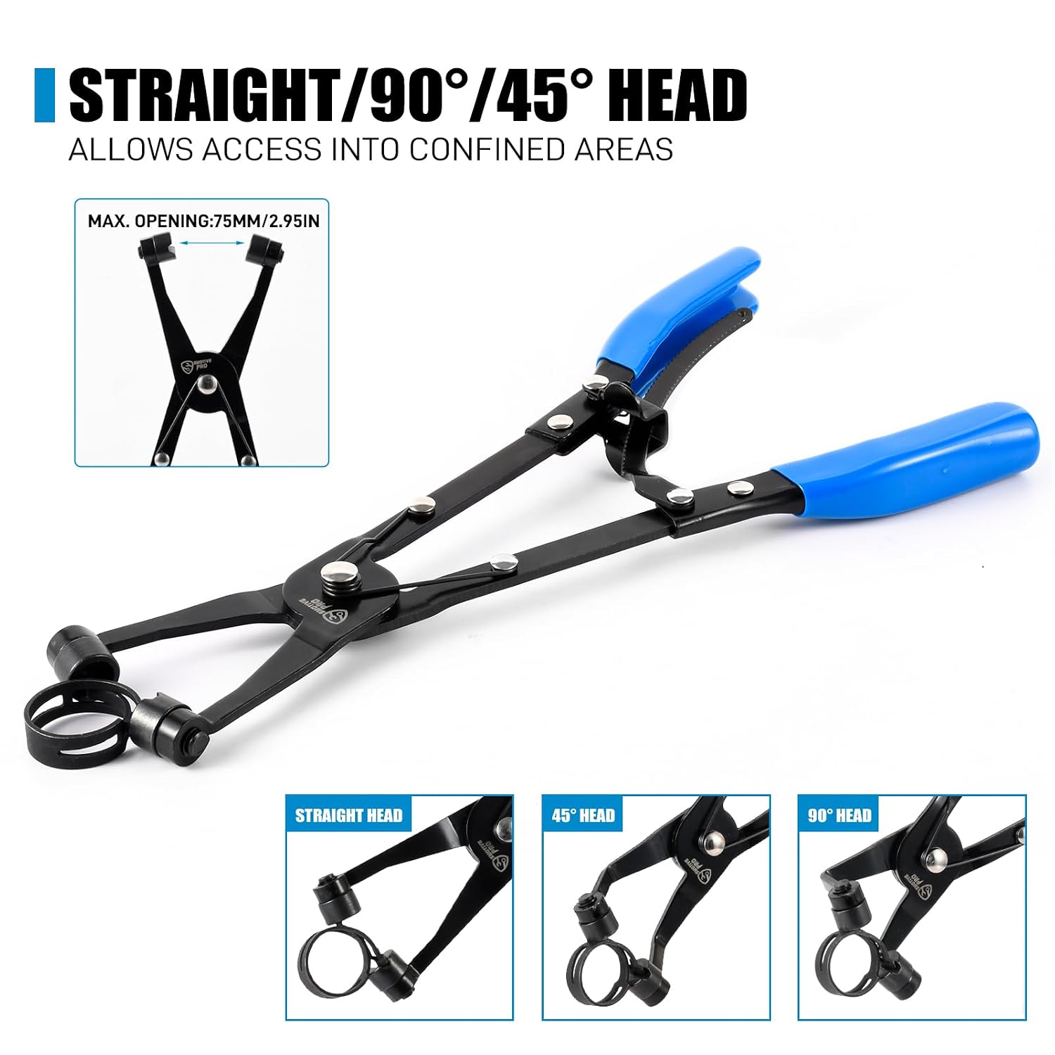 SMOTIVEPRO 3-Piece Hose Clamp Pliers Set with Locking Assist - 45°/90°/Straight Heads & Rotatable Clamp Jaw - Professional Hose Clamp Tool for 1.1"-2.3" (3-6cm) Hose Clamps
