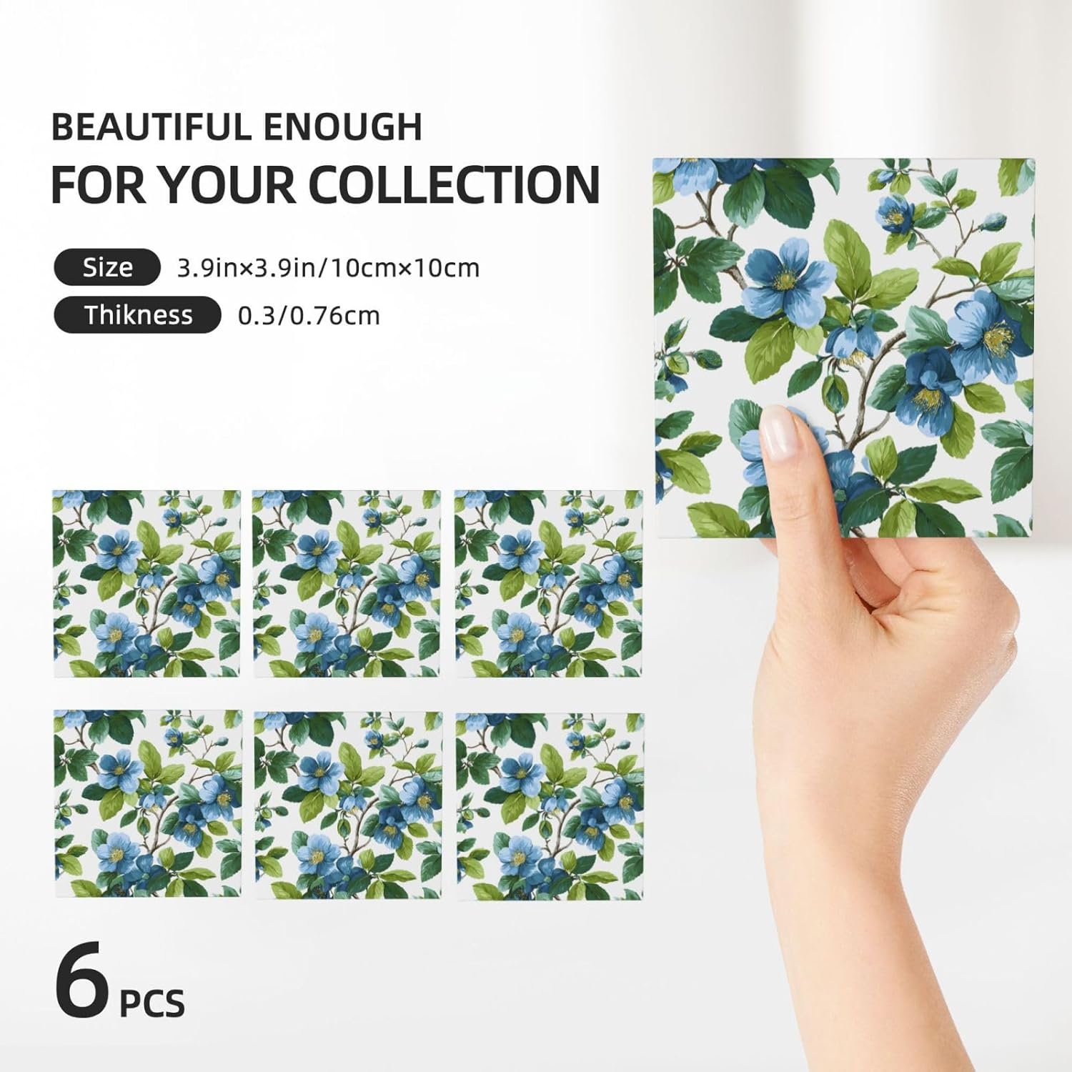 (Blue Flowers and Green Leaves) Ceramic Coasters Set of 6 with Holder Non-Slip Square Coffee Coasters for for Cup Mug Drink Patio Coffee Table Decor, Christmas Coasters Home Bar Supplies