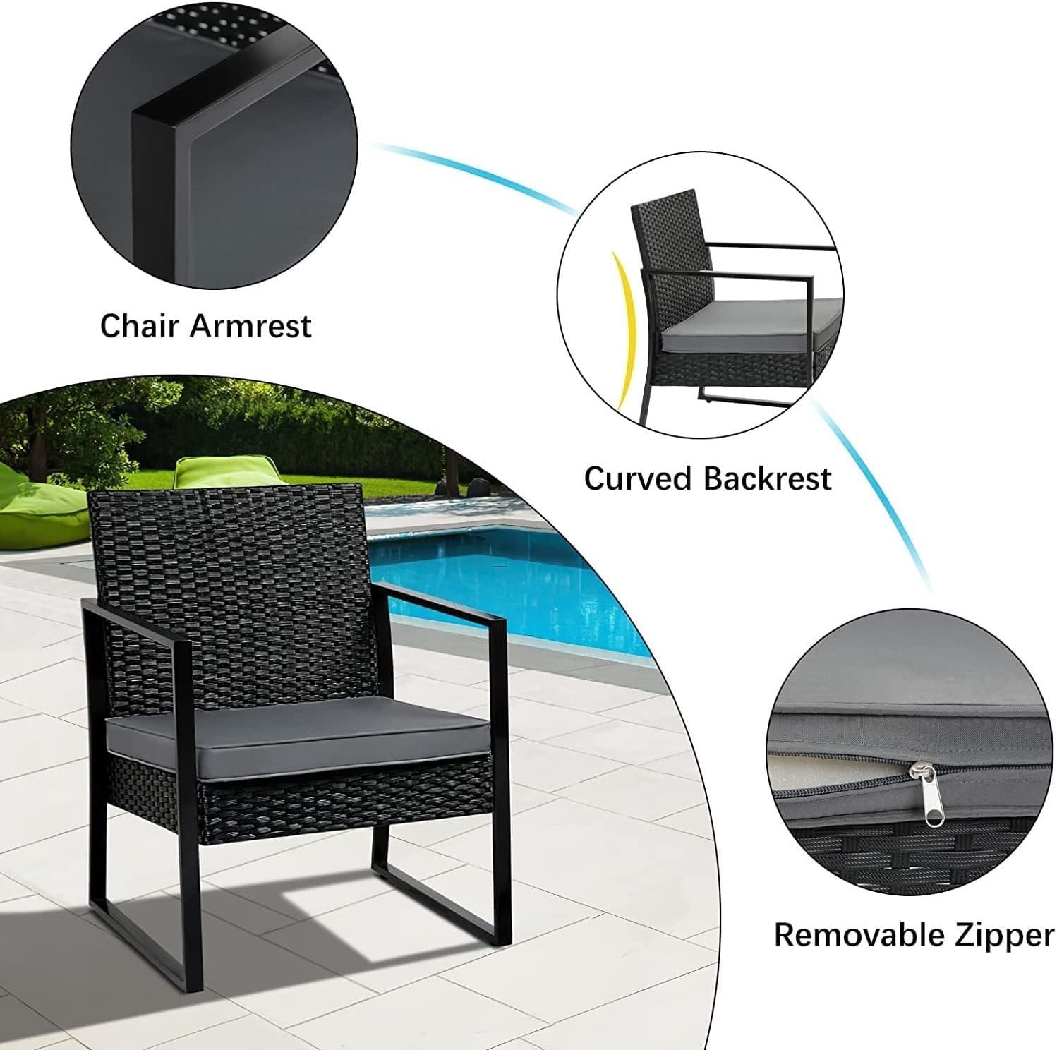 Set di 3 sedie in rattan, tavolino da caffè, mobili da giardino, set da bistrot in rattan con tavolino da caffè, per interni ed esterni, patio, giardino, cortile