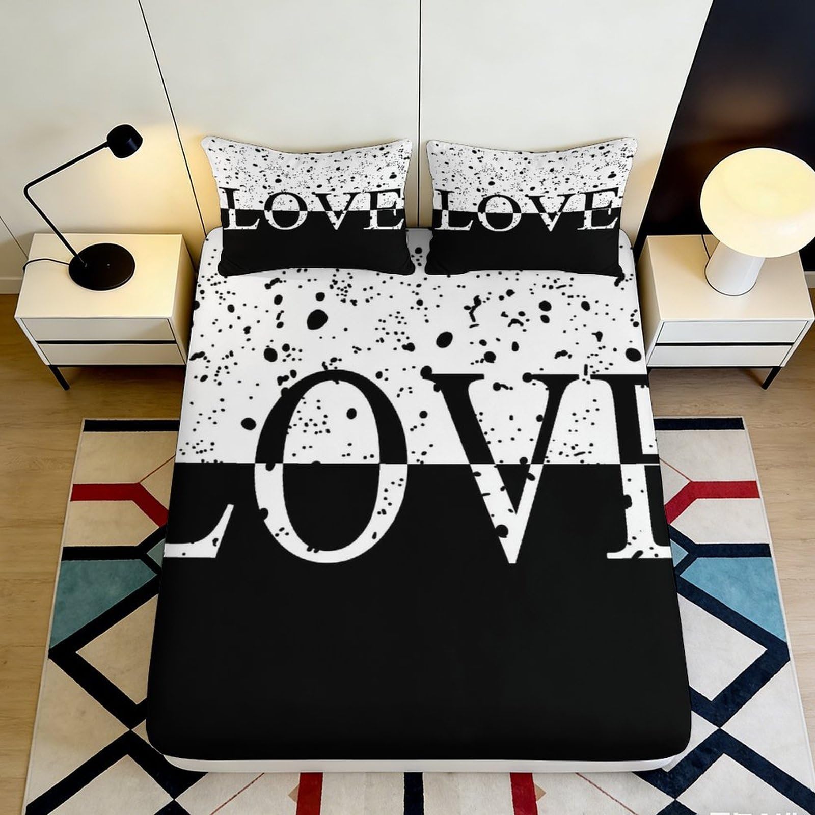 3D Printed LOVE Letter Fitted Sheet Microfiber Black White Artistic Bed Cover for Bedroom Guest Room Decor 90x200x25cm