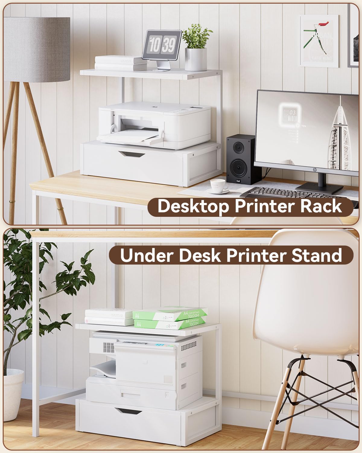 IBUYKE 2 Tier Desktop Printer Stand,Printer Table with Storage Shelf,Multi-Purpose Desk Organizer for Folders,Books,for Fax Machine, Scanner,Home Office,White TLJ015W