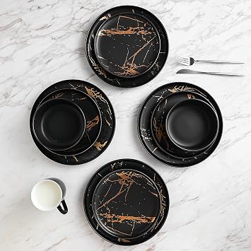 Stone Lain Porcelain 16-Piece Dinnerware Set Black with Gold Splash, Service for 4 Elegant Dinner Plates, Salad Plates, Bowls & Mugs Modern Round Tableware, Dishwasher Safe