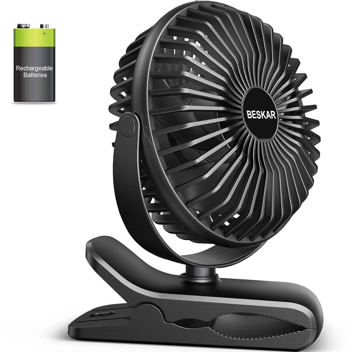 BESKAR Portable Clip on Fan Rechargeable 4 Speeds Small Battery Operated Fan USB Desk Fan with Strong Airflow