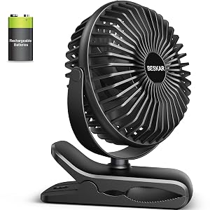 BESKAR Portable Clip on Fan Rechargeable 4 Speeds Small Battery Operated Fan USB Desk Fan with Strong Airflow
