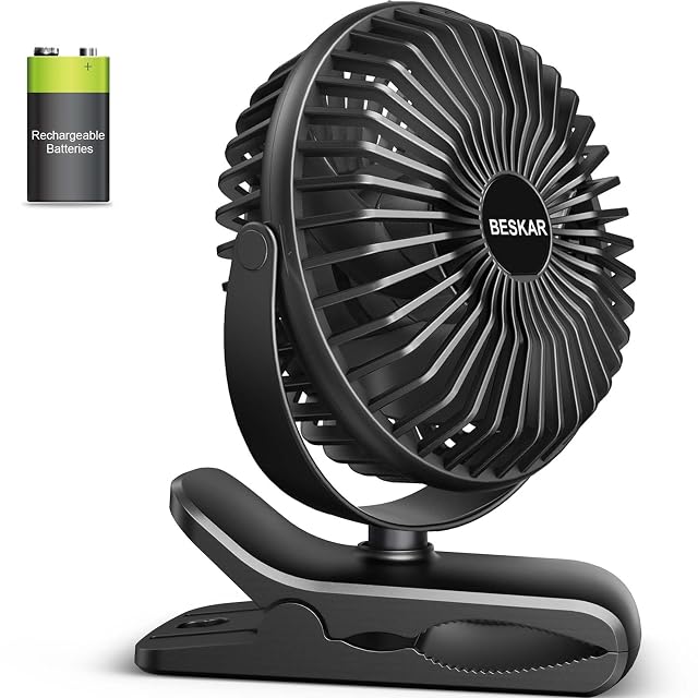 BESKAR Portable Clip on Fan Rechargeable 4 Speeds Small Battery Operated Fan USB Desk Fan with Strong Airflow